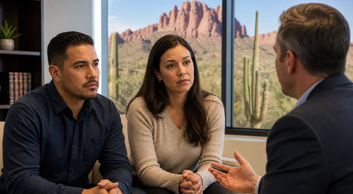 A man and woman talking with a counselor in an office with an Arizona desert landscape visible through the window.