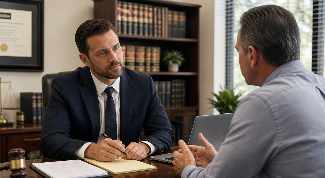 A lawyer and a client having a serious discussion in a law office with bookshelves and legal documents on the desk.