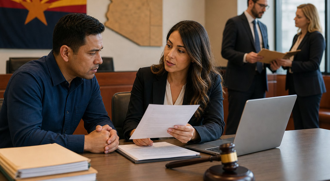 A lawyer consulting with a client in a modern office with legal documents and an Arizona state flag in the background.