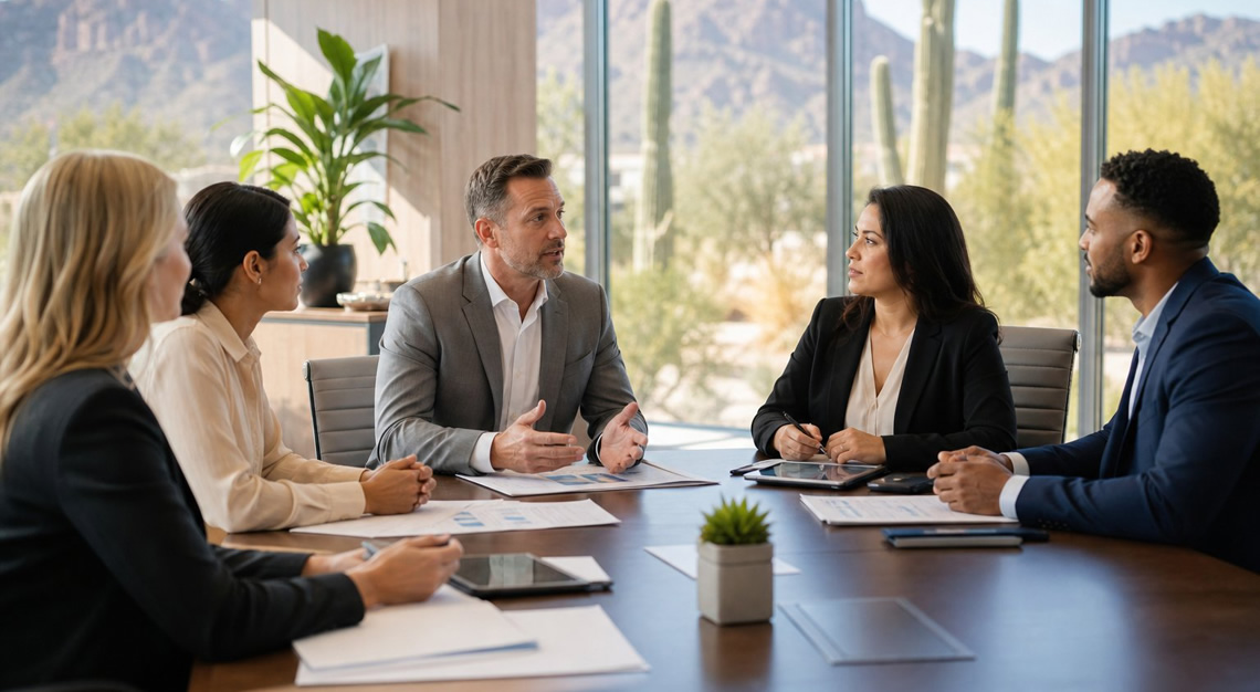 A group of professionals having a meeting in a modern office with a sunny desert view outside.