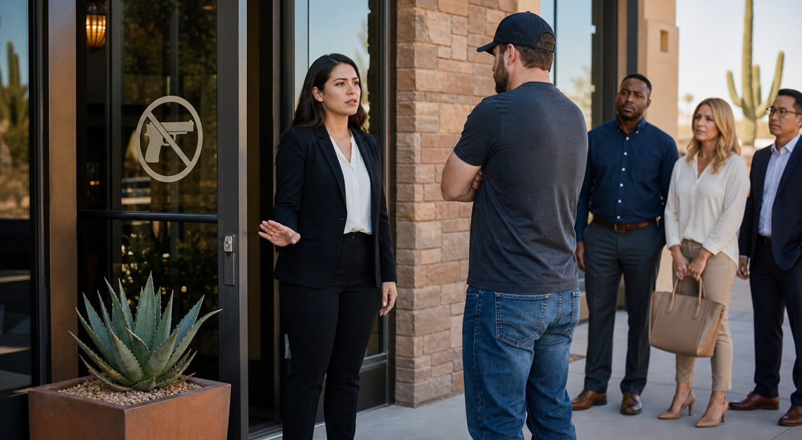 A business owner calmly talking to a customer outside a modern Arizona storefront with a no-guns symbol on the door.