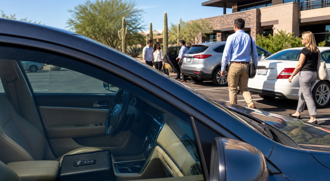 A business parking lot in Arizona with people entering and exiting cars, showing a firearm stored securely inside a parked vehicle.
