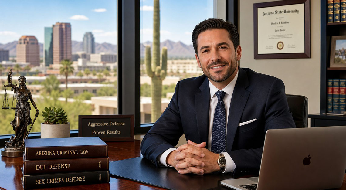 A male attorney in a suit sitting at a desk in an office with a city view of Phoenix and desert plants outside.