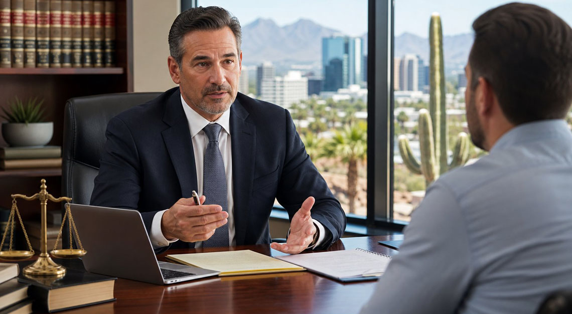 A DUI attorney in a modern office in Phoenix talking with a client, with cityscape and desert plants visible through a large window.