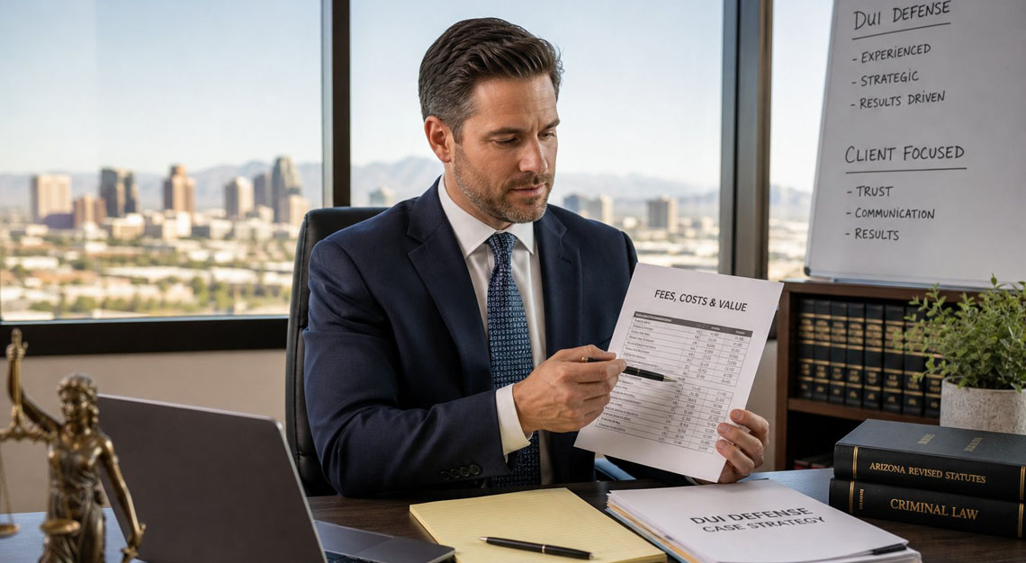 A male attorney in a modern office reviewing legal documents with a cityscape visible through the window.