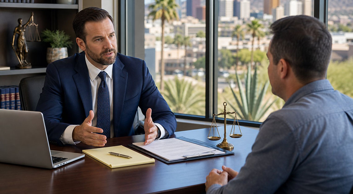 A DUI attorney in a business suit consulting with a client in a bright office with a view of the Phoenix skyline.