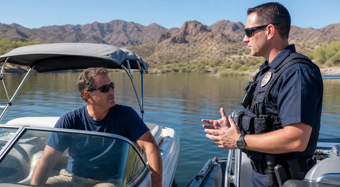 A water patrol officer on a boat speaks with a man on a recreational motorboat on a calm lake with desert mountains in the background.