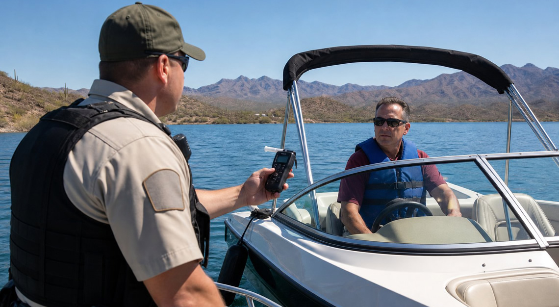 A law enforcement officer on a motorboat approaches a recreational boat on a clear lake in Arizona, holding a breathalyzer, with a boat operator wearing a life jacket.