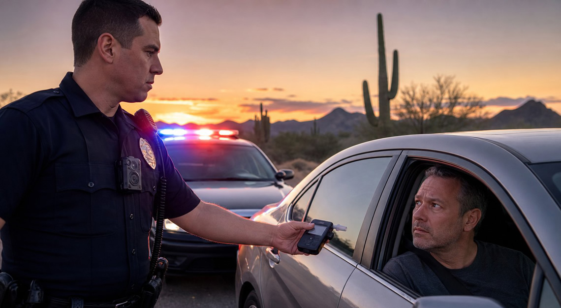 Police officer offers a breathalyzer to a driver sitting in a car at dusk on a desert road in Arizona.