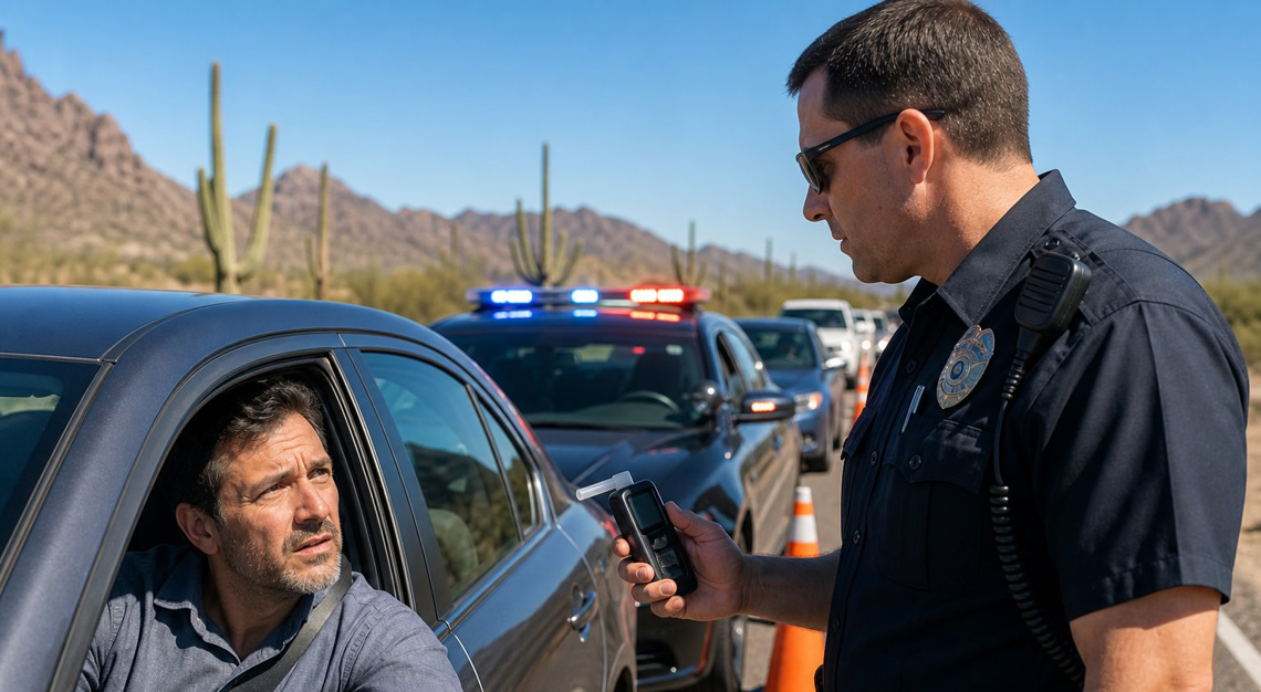 A police officer holds a breathalyzer outside a car window while a concerned driver looks on at a roadside checkpoint in a desert setting.