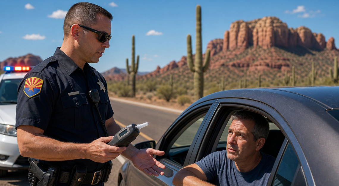 A police officer talks to a driver during a traffic stop on a sunny Arizona highway with desert landscape in the background.