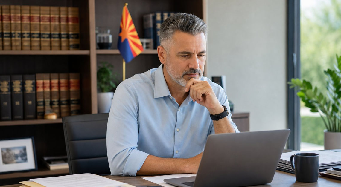 A person sitting at a desk in a home office looking thoughtfully at a laptop screen with legal books and an Arizona state flag in the background.