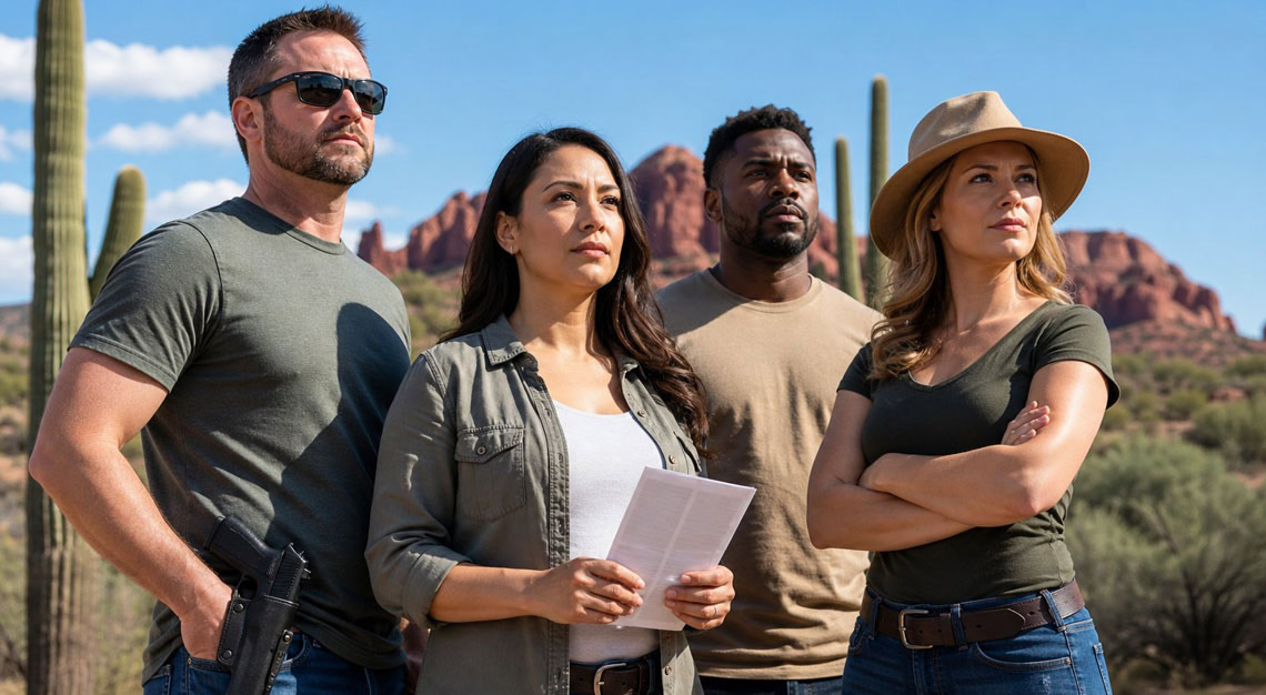 A group of adults standing outdoors in a desert setting with cacti and red rocks, one holding a document and another with a holstered firearm.