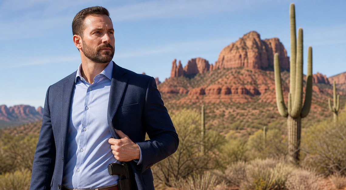 A man standing outdoors in an Arizona desert landscape with red rocks and cacti, wearing a jacket that conceals a handgun.