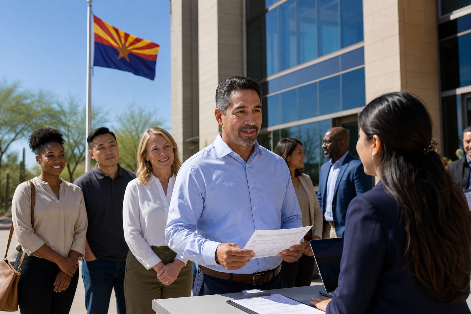 A diverse group of adults outside a government building in Arizona, with a man holding a voter registration form and talking to an election official near a registration booth.