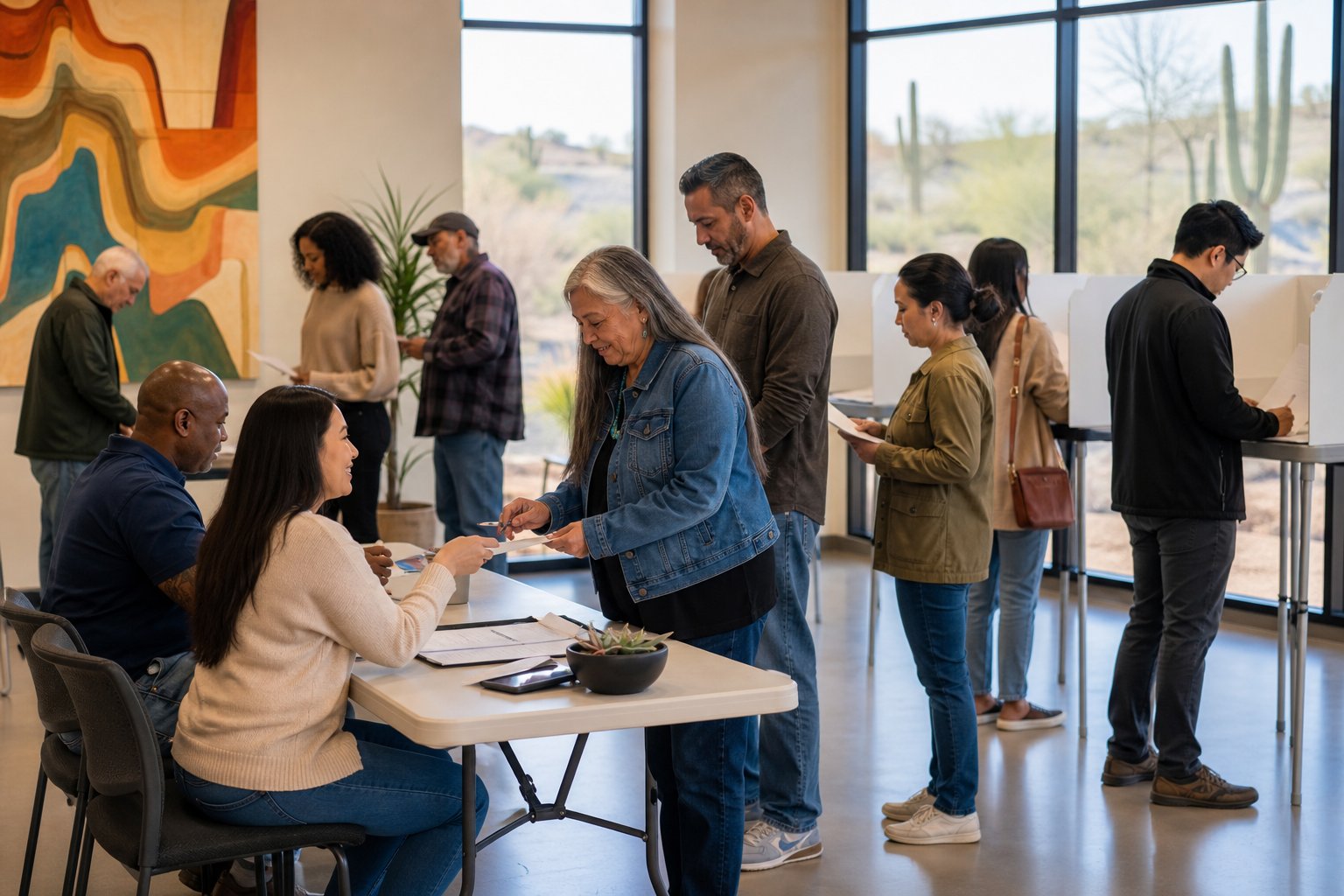 A diverse group of adults voting at a polling station with voting booths and a desert landscape visible through windows.