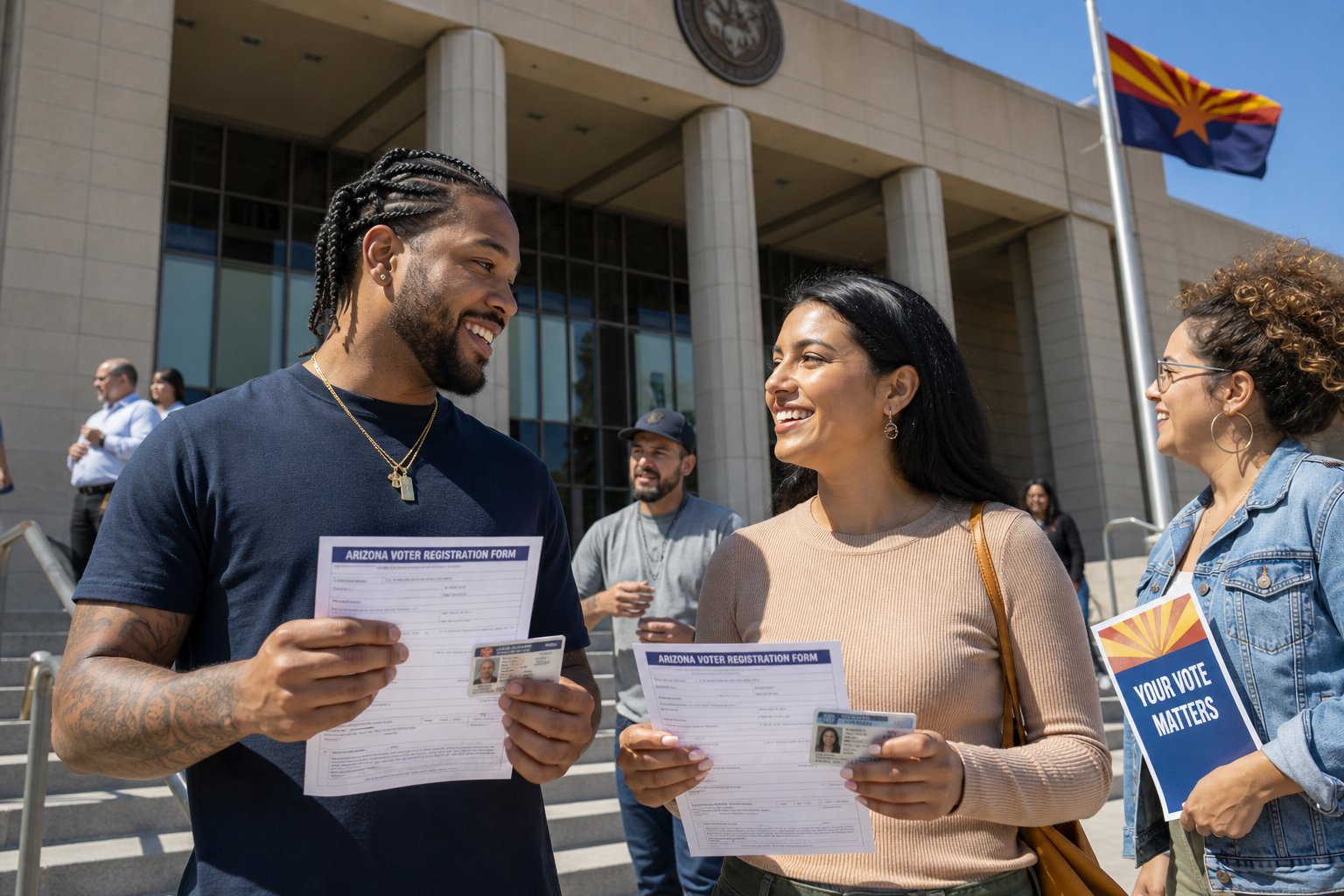 A diverse group of people standing outside a government building with Arizona flags, holding voter registration forms and identification cards.