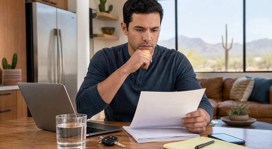 A young man sitting at a kitchen table looking at a laptop with documents and a smartphone nearby, planning his next steps after a DUI arrest.