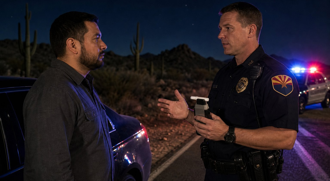 Police officer administering a breathalyzer test to a driver beside a car on a desert highway at night.
