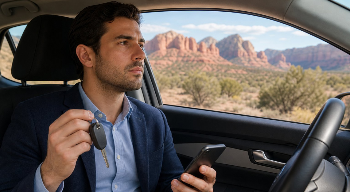 A young adult sitting inside a car holding car keys and a phone, looking out the window with a desert landscape visible outside.
