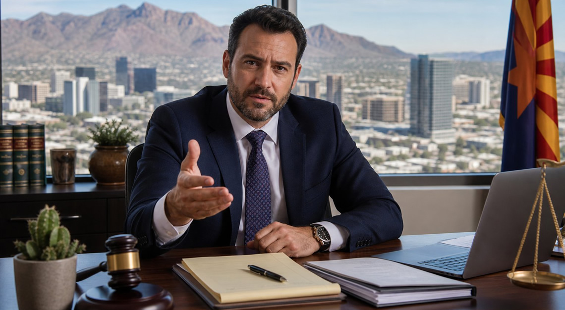 A confident male attorney in a suit sitting at a desk in a modern office with legal documents, a laptop, and a gavel, with an Arizona cityscape visible through the window behind him.