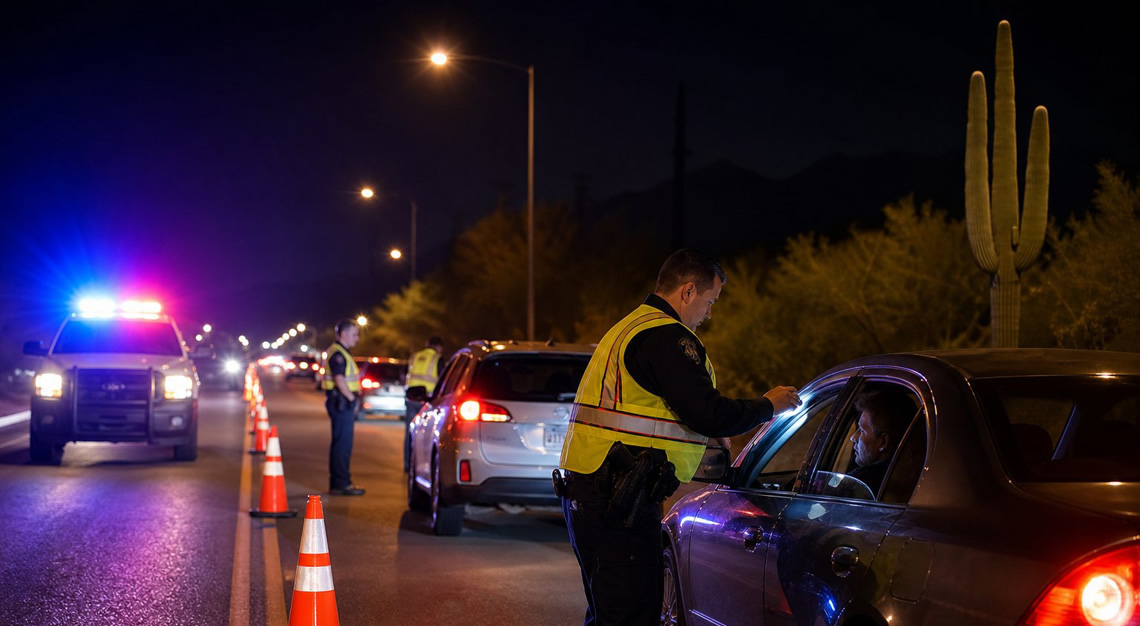Police officers conducting a DUI checkpoint on a road at night with traffic cones and a police car with flashing lights.