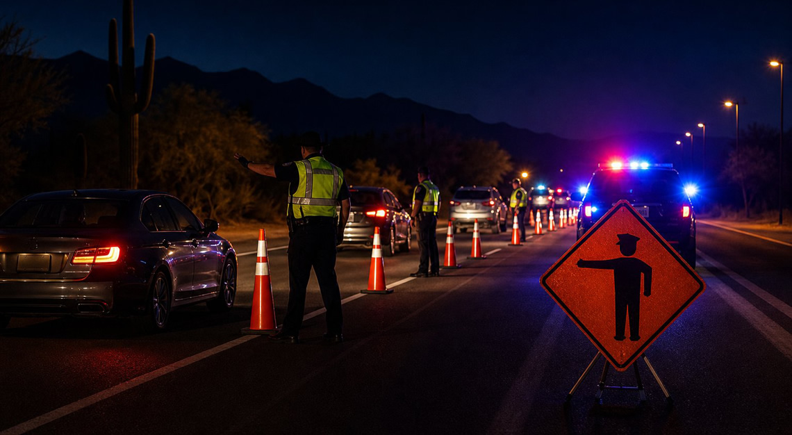Police officers directing traffic at a nighttime DUI checkpoint on a desert highway in Arizona with police cars and orange cones.