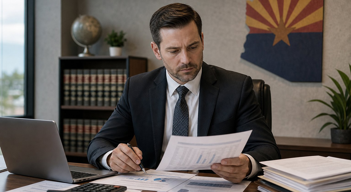 A lawyer reviewing financial documents at a desk with a laptop and calculator, with an Arizona state flag in the background.