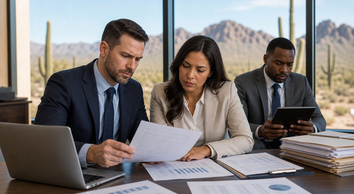 Business professionals reviewing financial documents in an office with a desert landscape visible through the window.