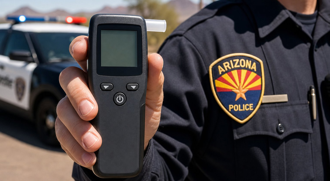 Close-up of a police officer holding a breathalyzer device outdoors with a police car in the background.