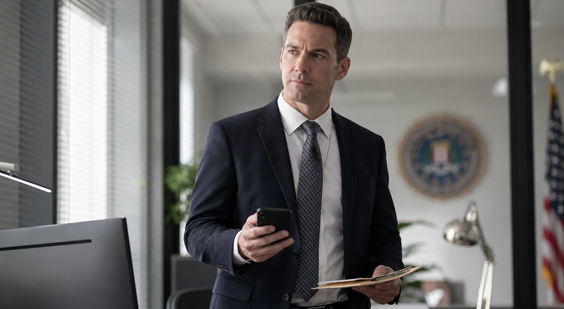 A federal agent in a suit holding a smartphone and documents in an office setting.