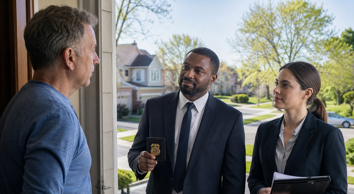 A man standing at his front door talking to two federal agents in a suburban neighborhood during the day.
