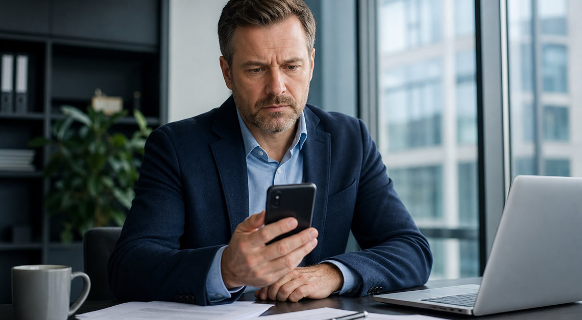 A man sitting at an office desk looking thoughtfully at a ringing smartphone in his hand, surrounded by documents and a laptop.