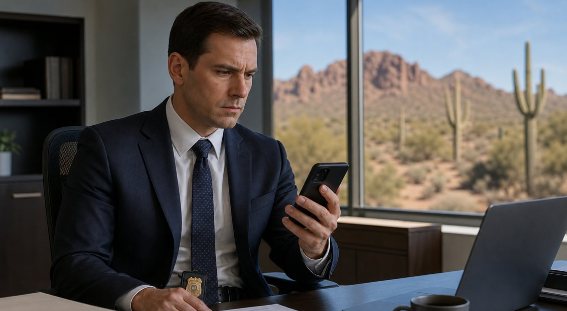 A federal agent in a suit holding a smartphone in a modern office with a desert landscape visible through the window.