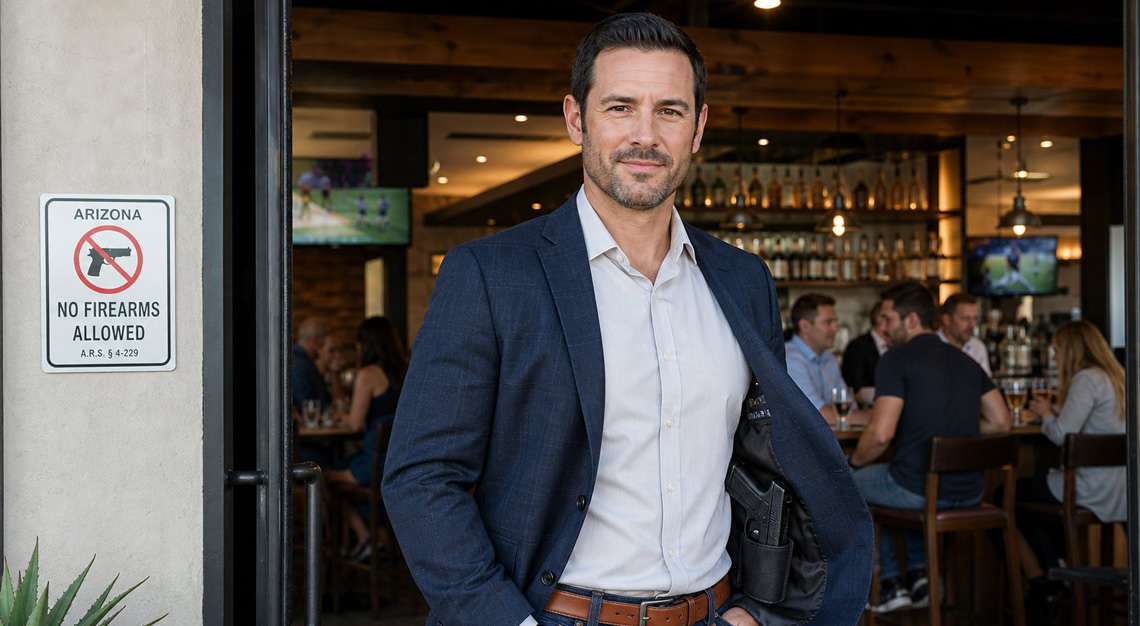 A man standing at the entrance of a bar or restaurant with a no firearms sign visible nearby, while people enjoy drinks inside.
