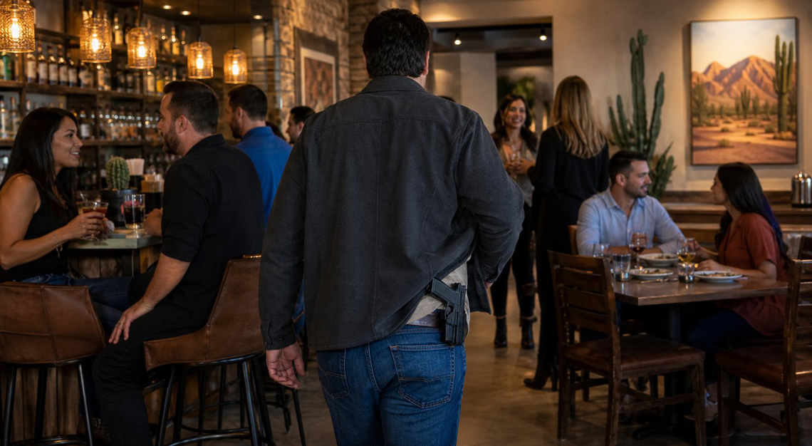 People socializing and enjoying drinks in a bar or restaurant with a person discreetly carrying a holstered firearm.
