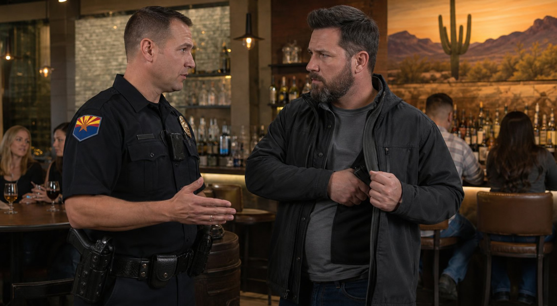 A police officer talking to a man holding a concealed firearm inside a busy bar or restaurant that serves alcohol.