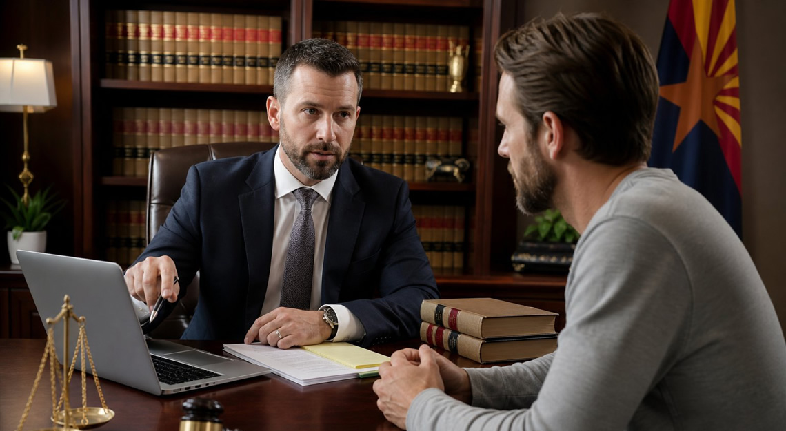A criminal defense attorney consulting with a client in a modern law office with law books and an Arizona state flag visible.