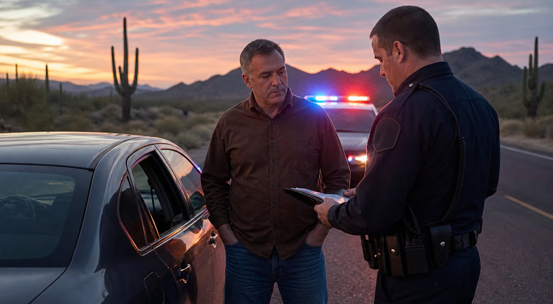 A police officer stands beside a stopped car on a desert highway in Arizona while speaking with the driver, with a police cruiser nearby and desert landscape in the background.