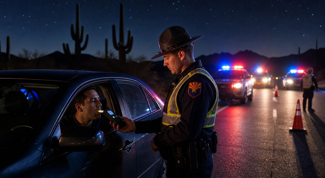 Police officers conducting a DUI checkpoint on a desert highway in Arizona at night with flashing lights and cacti in the background.