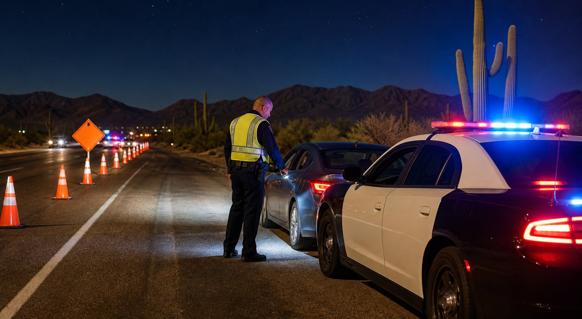 Police officer talking to a driver at a nighttime DUI checkpoint on a desert highway in Arizona with police car lights flashing.