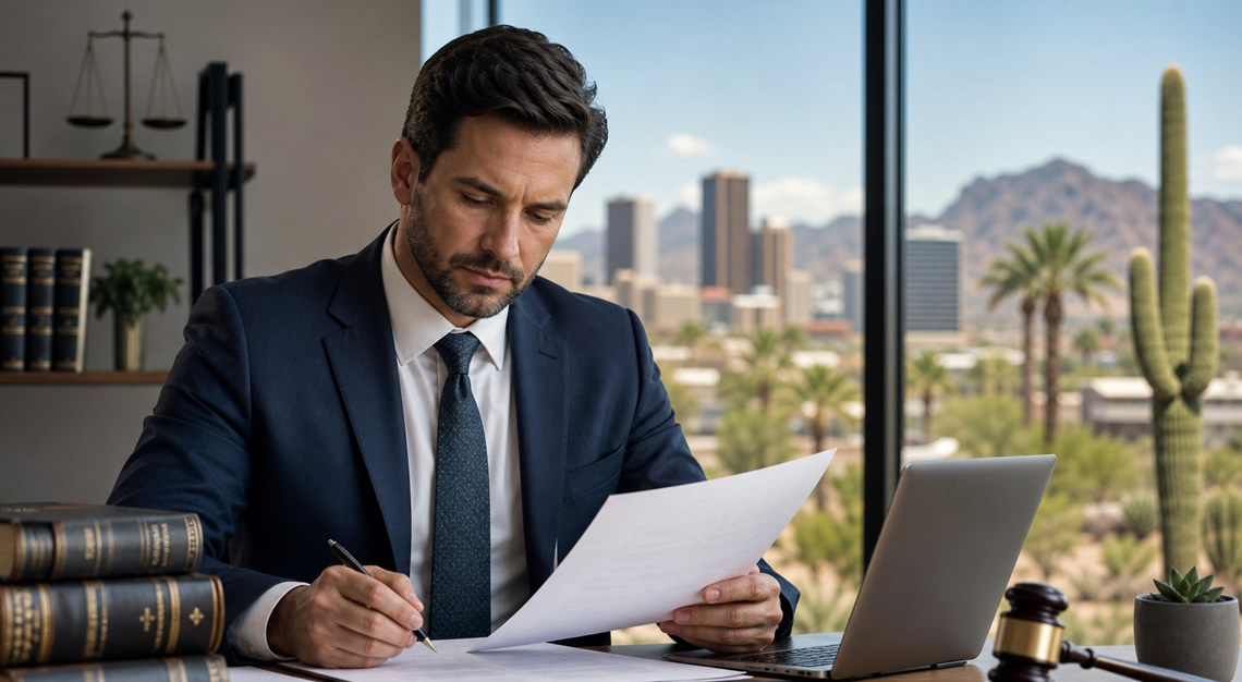A lawyer in a suit reviewing documents at a desk in an office with a window showing a sunny cityscape and desert plants outside.