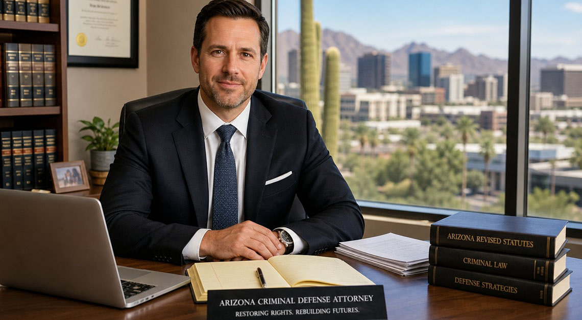 A confident attorney in a suit sitting at a desk with legal books and a laptop in a bright office with a city view and desert plants outside.