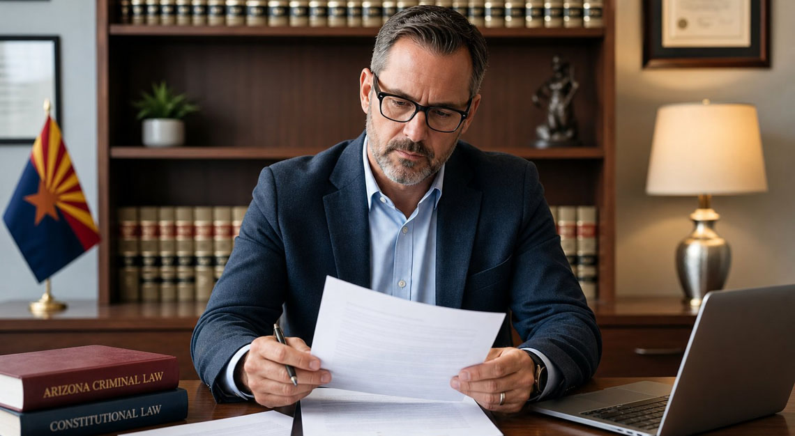 A man sitting at a desk in an office reviewing legal documents with a focused expression.