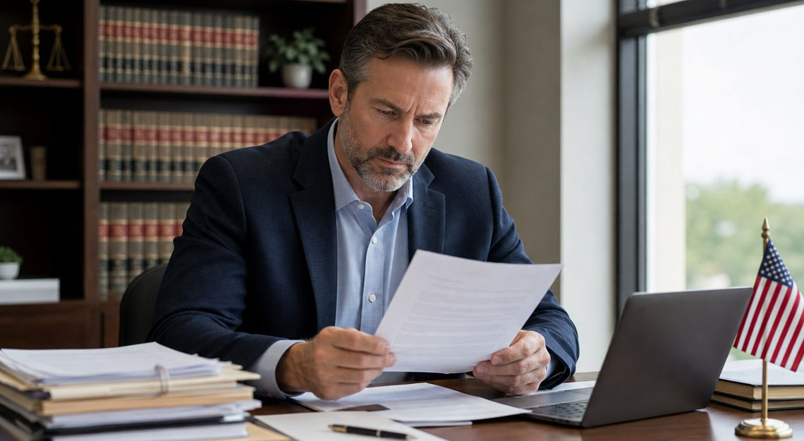 A middle-aged man reviewing legal documents at a desk in an office with law books and an American flag in the background.
