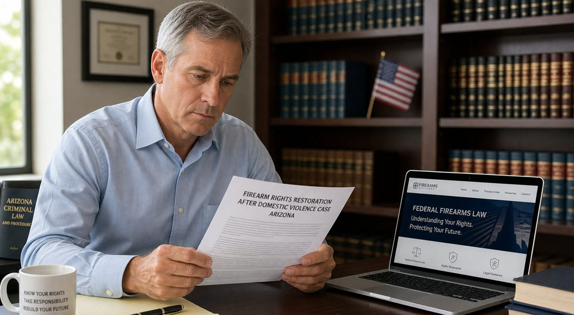 A middle-aged man reviewing legal documents at a desk in an office with law books and an American flag in the background.