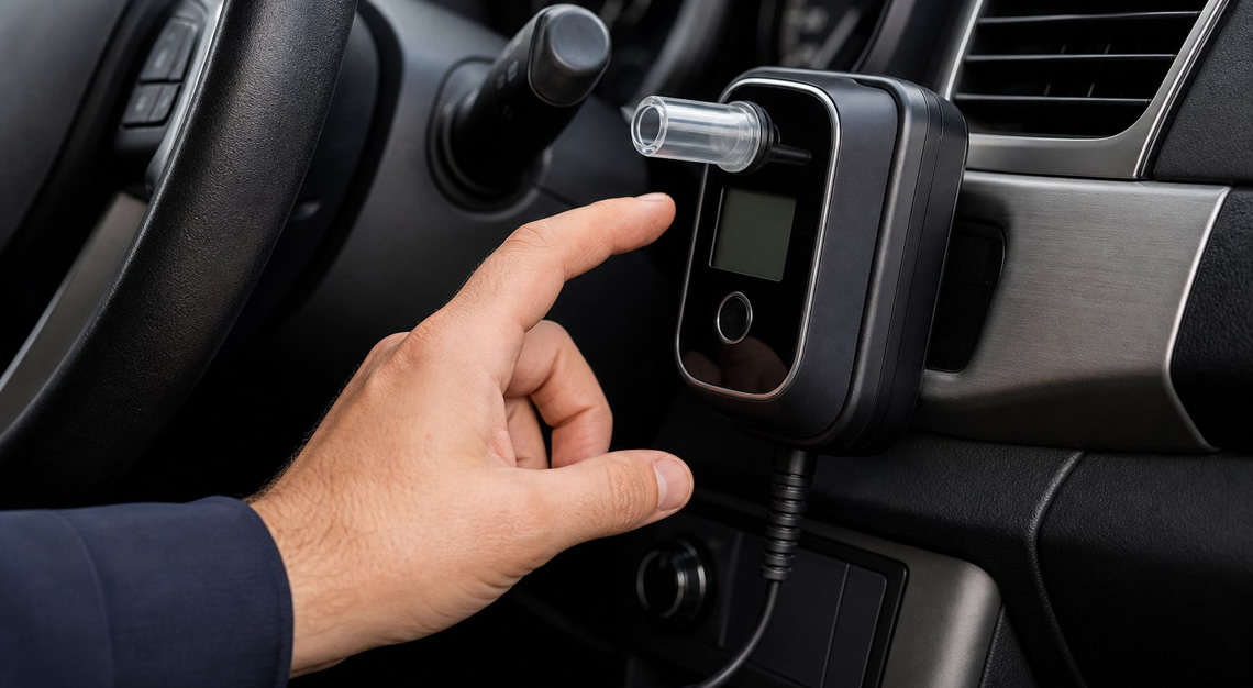 Close-up of a car dashboard showing an ignition interlock device with a driver’s hand reaching towards it.