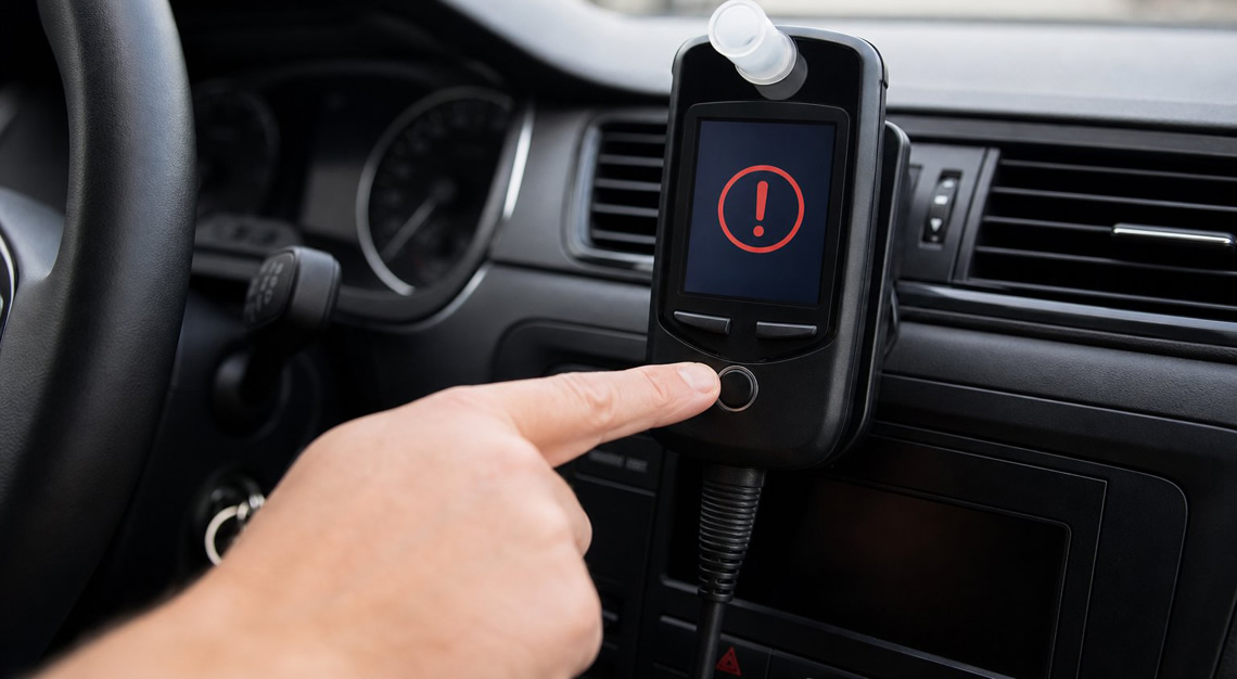 Close-up of a car dashboard with an ignition interlock device showing a warning, and a driver's hand reaching to interact with it inside the vehicle.