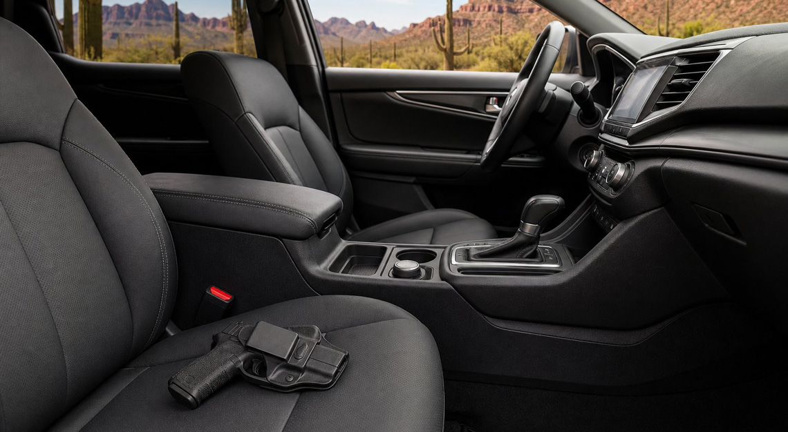 Interior of a car parked in a desert setting with a handgun in a holster on the passenger seat.