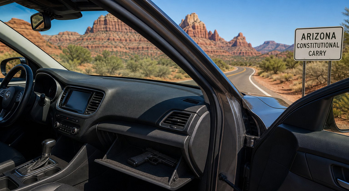 A handgun securely stored inside a car parked on a desert road with red rock formations in the background.